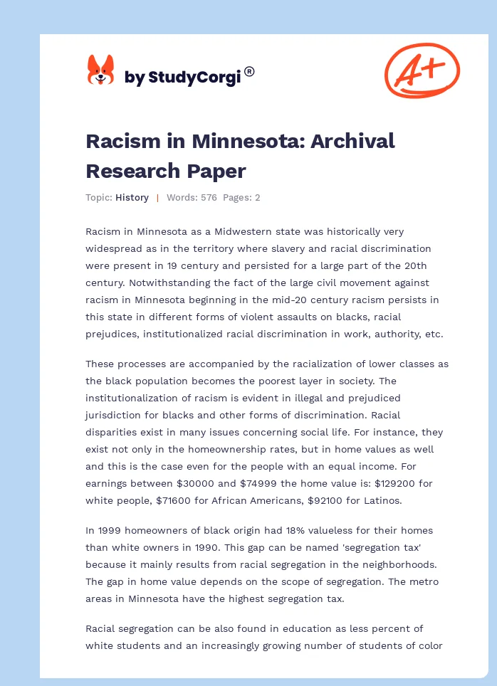 Racism in Minnesota: Archival Research Paper. Page 1