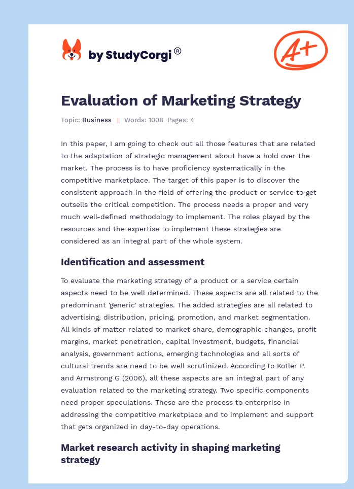 Evaluation of Marketing Strategy. Page 1