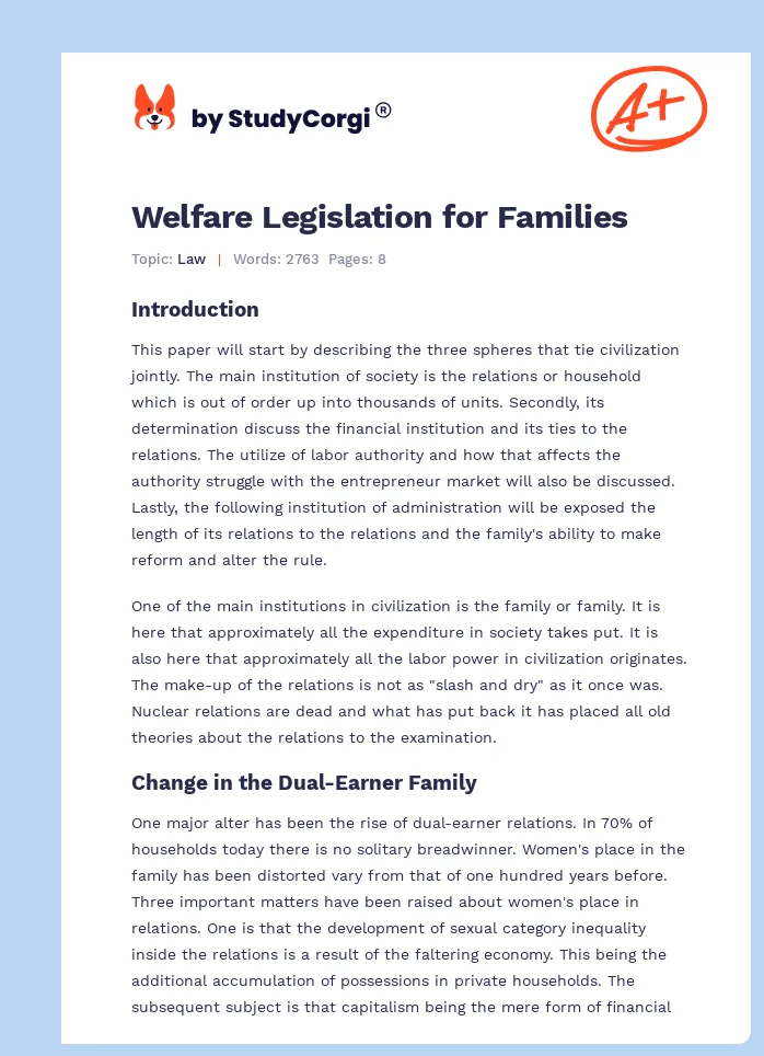 Welfare Legislation for Families. Page 1