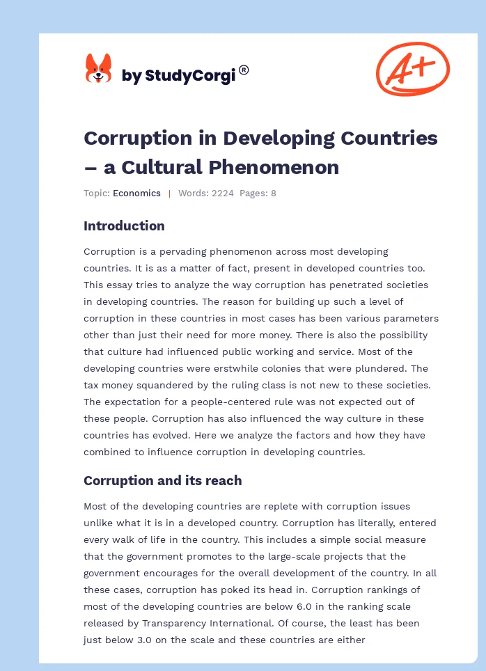 Corruption in Developing Countries – a Cultural Phenomenon. Page 1