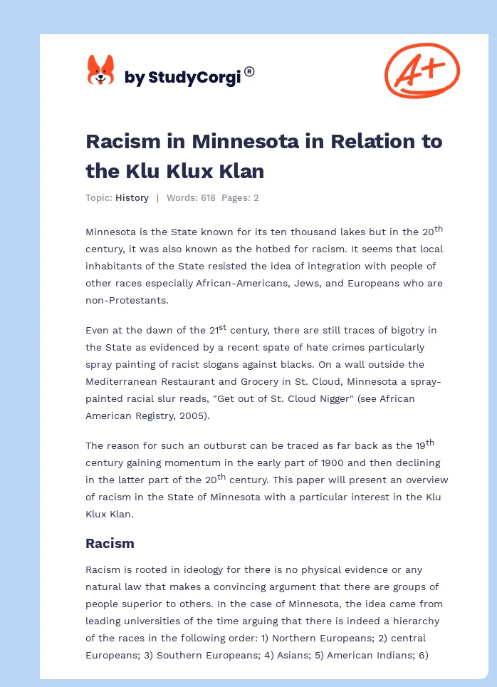 Racism in Minnesota in Relation to the Klu Klux Klan. Page 1