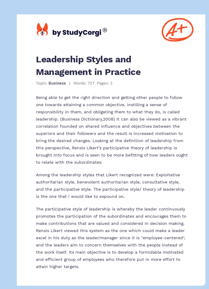 Leadership Styles and Management in Practice. Page 1