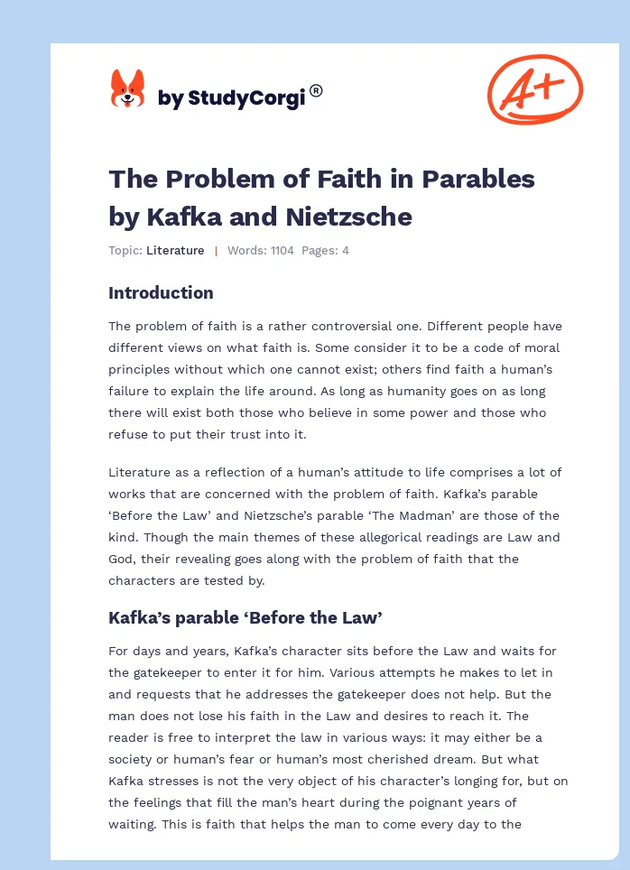 The Problem of Faith in Parables by Kafka and Nietzsche. Page 1