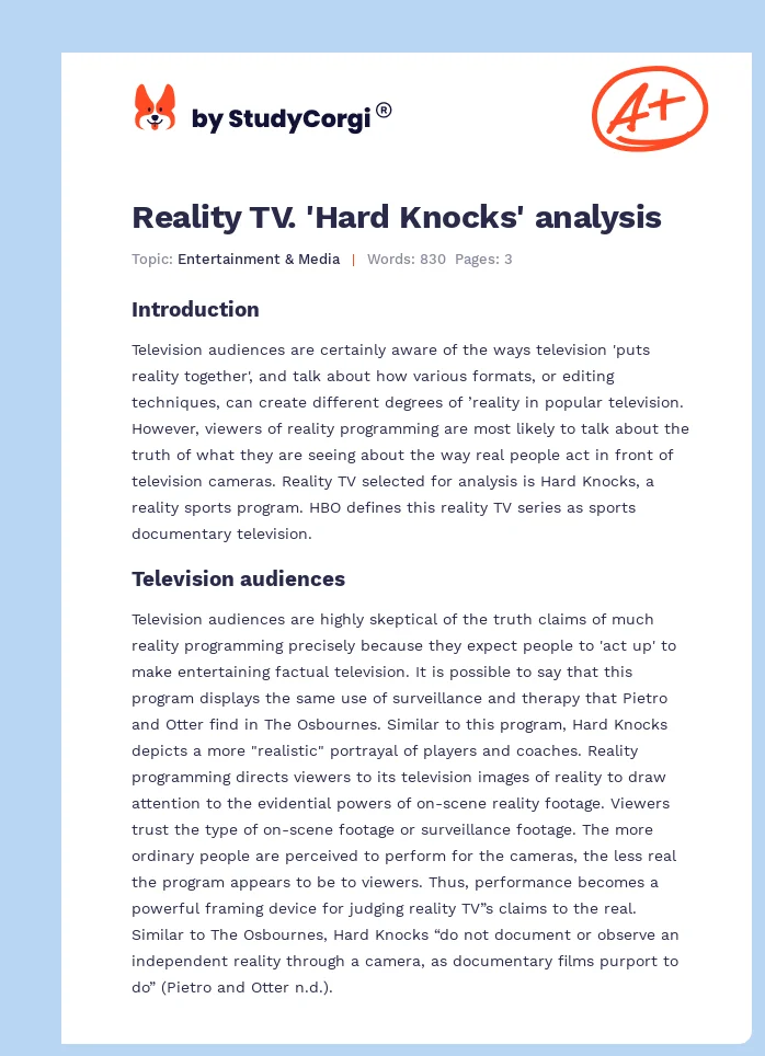Reality TV. 'Hard Knocks' analysis. Page 1