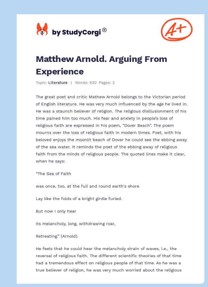 Matthew Arnold. Arguing From Experience. Page 1