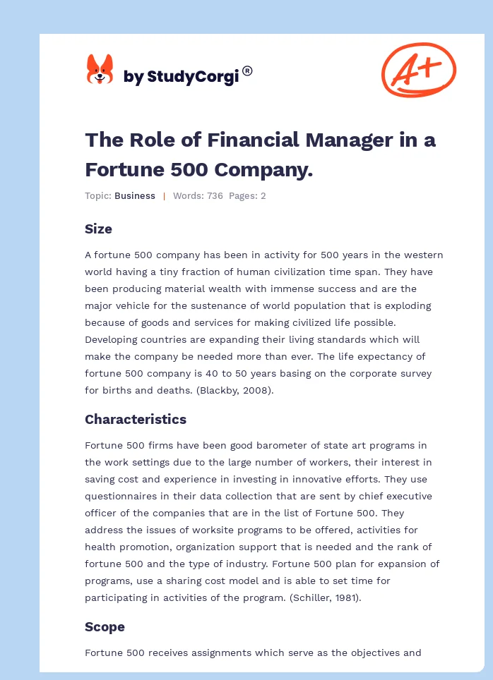 The Role of Financial Manager in a Fortune 500 Company.. Page 1