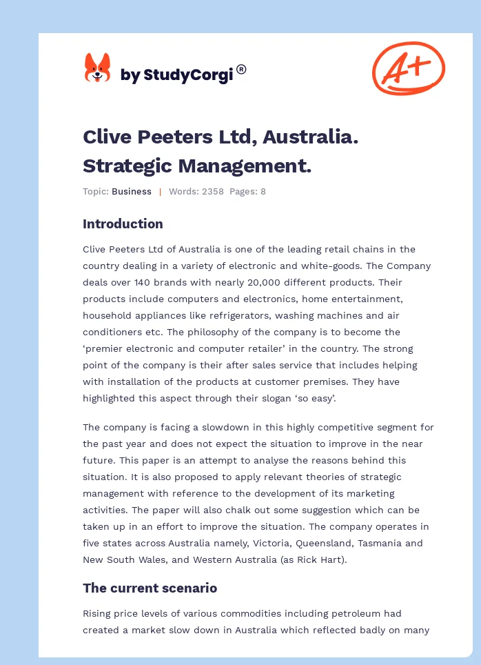 Clive Peeters Ltd, Australia. Strategic Management.. Page 1