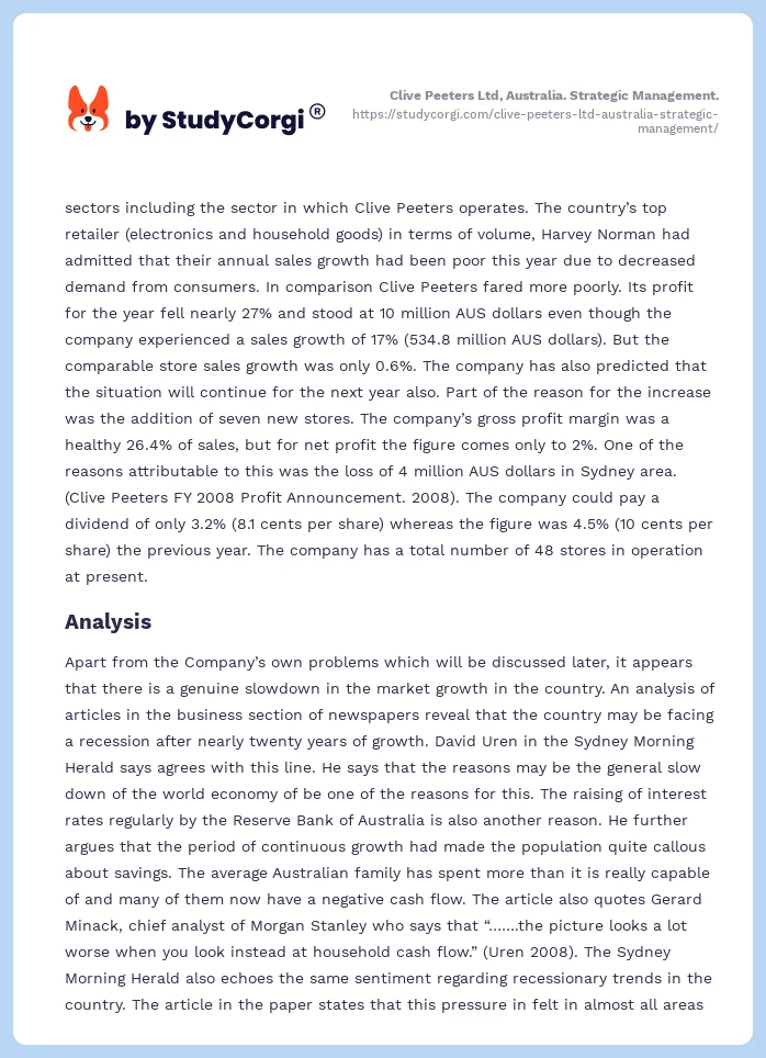 Clive Peeters Ltd, Australia. Strategic Management.. Page 2