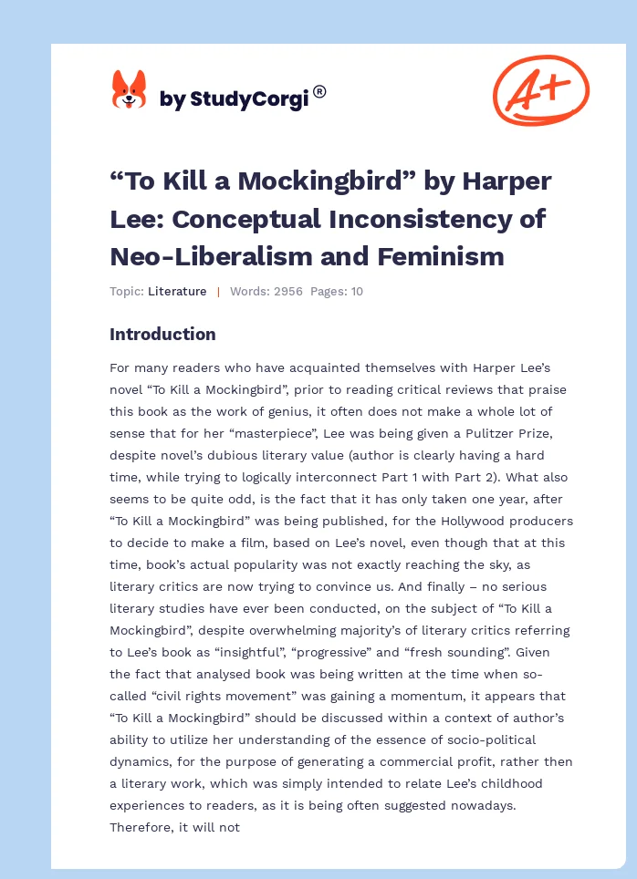 “To Kill a Mockingbird” by Harper Lee: Conceptual Inconsistency of Neo-Liberalism and Feminism. Page 1