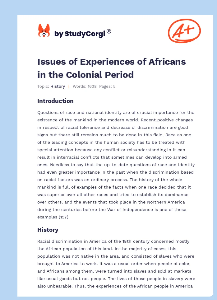 Issues of Experiences of Africans in the Colonial Period. Page 1