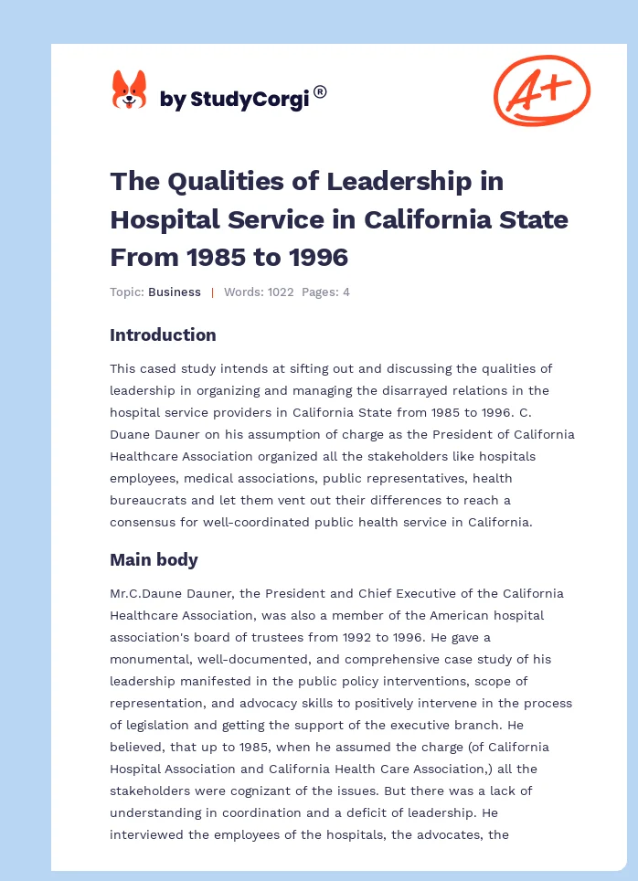 The Qualities of Leadership in Hospital Service in California State From 1985 to 1996. Page 1