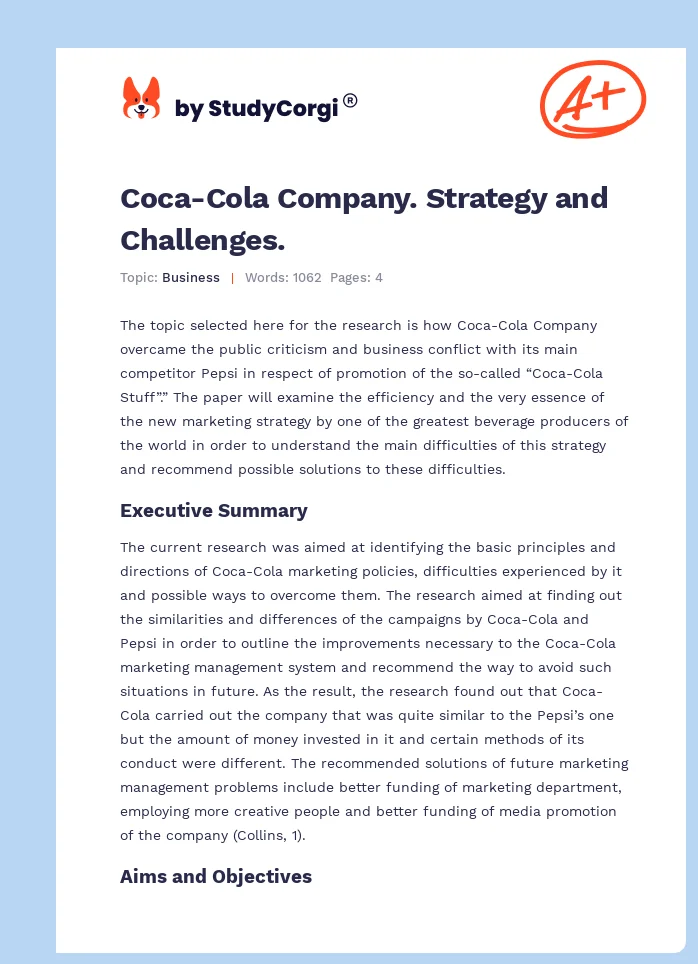 Coca-Cola Company. Strategy and Challenges.. Page 1