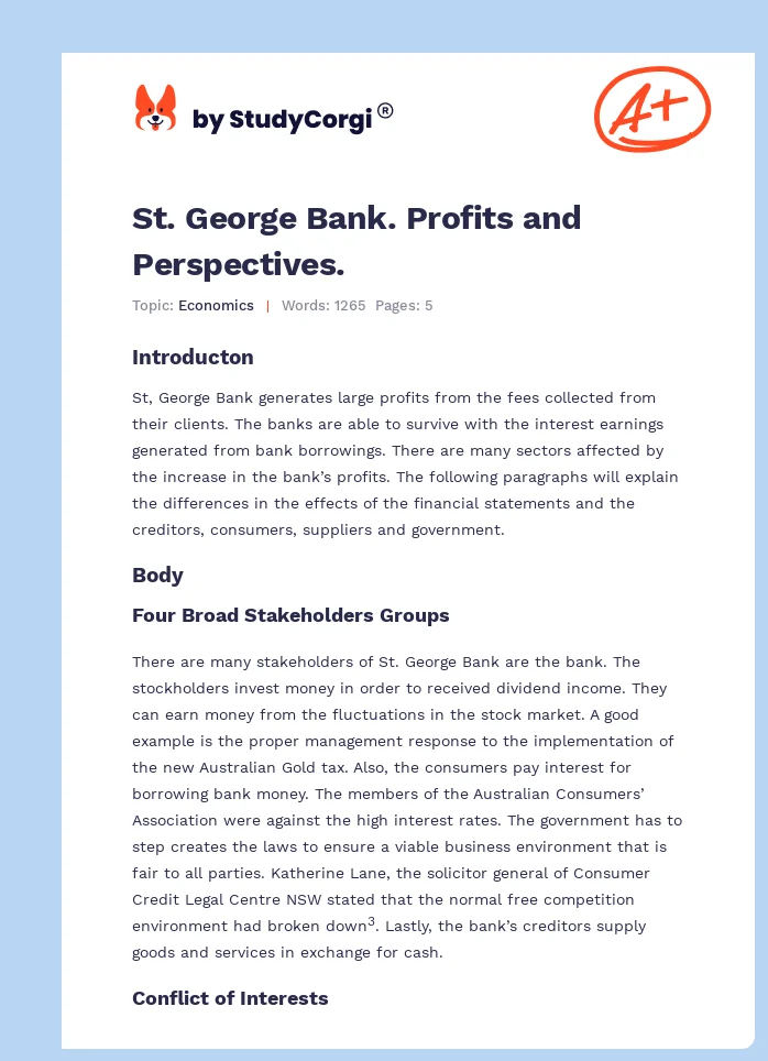 St. George Bank. Profits and Perspectives.. Page 1