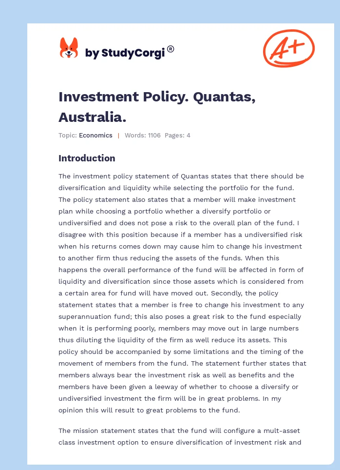 Investment Policy. Quantas, Australia.. Page 1