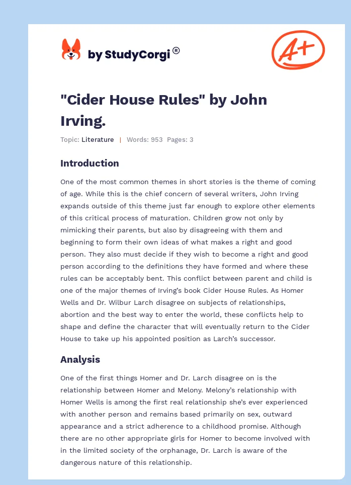 "Cider House Rules" by John Irving.. Page 1