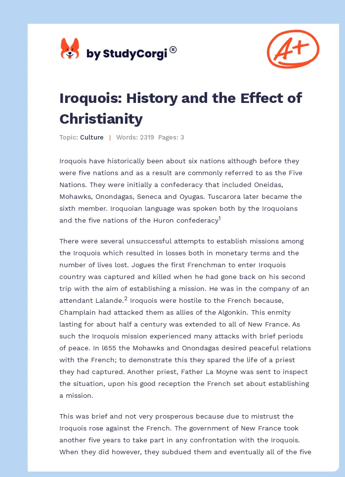 Iroquois: History and the Effect of Christianity. Page 1