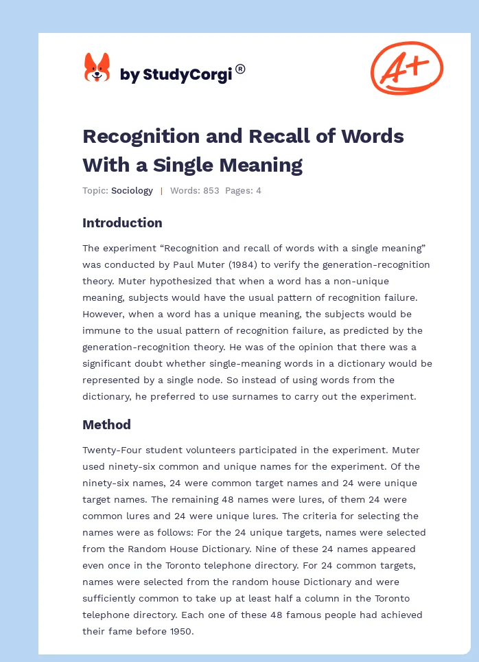 Recognition and Recall of Words With a Single Meaning. Page 1