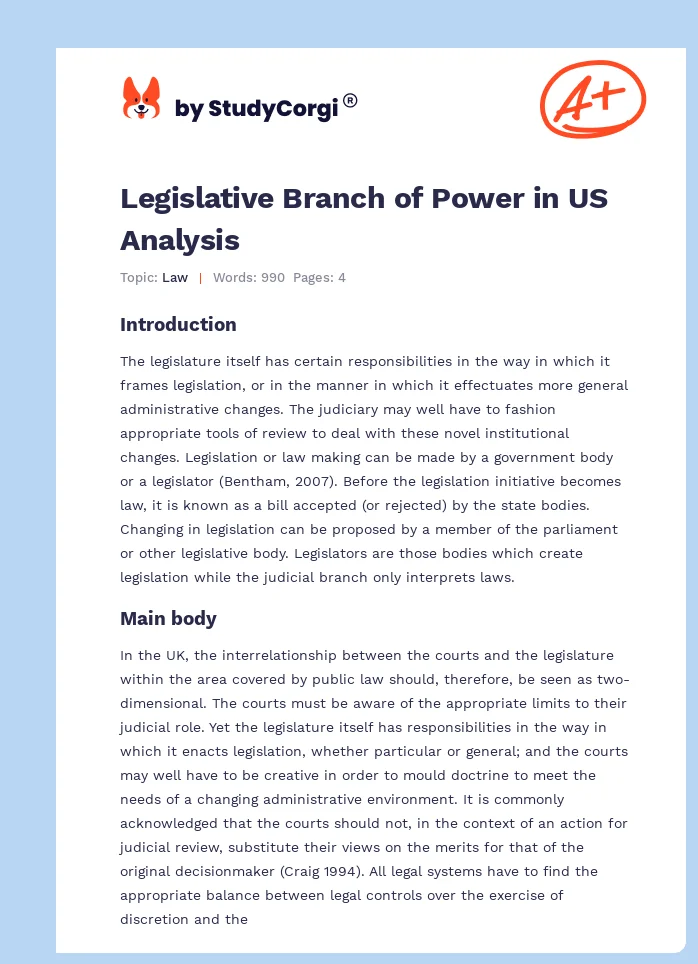 Legislative Branch of Power in US Analysis. Page 1