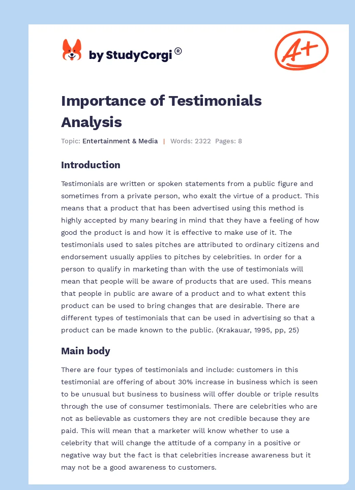 Importance of Testimonials Analysis. Page 1
