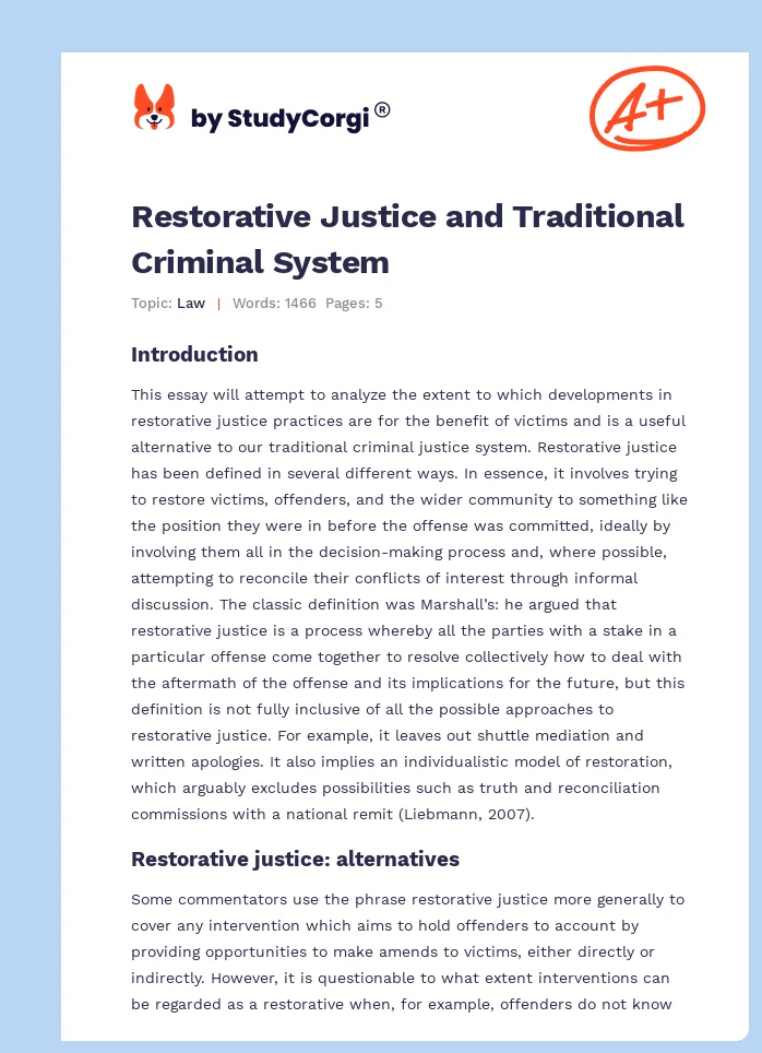 Restorative Justice and Traditional Criminal System. Page 1