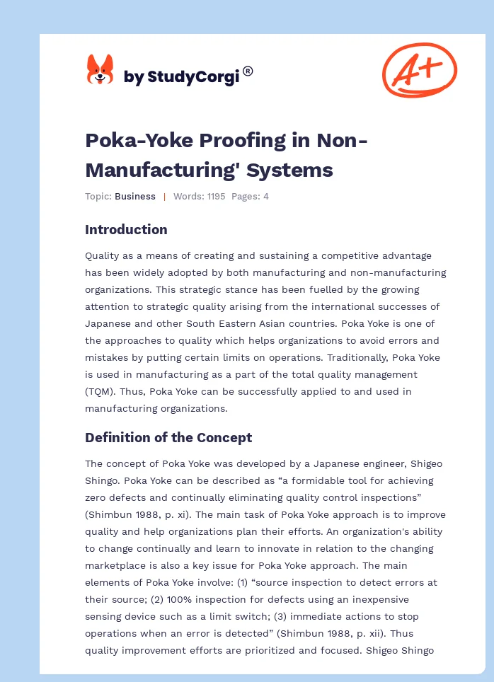 Poka-Yoke Proofing in Non-Manufacturing' Systems. Page 1