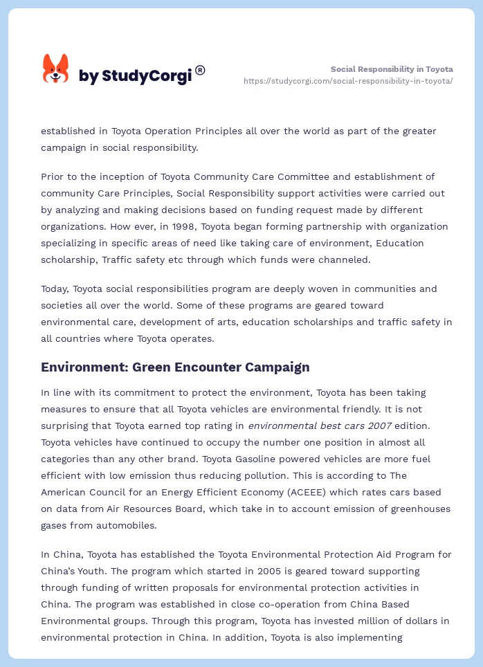 Social Responsibility in Toyota. Page 2
