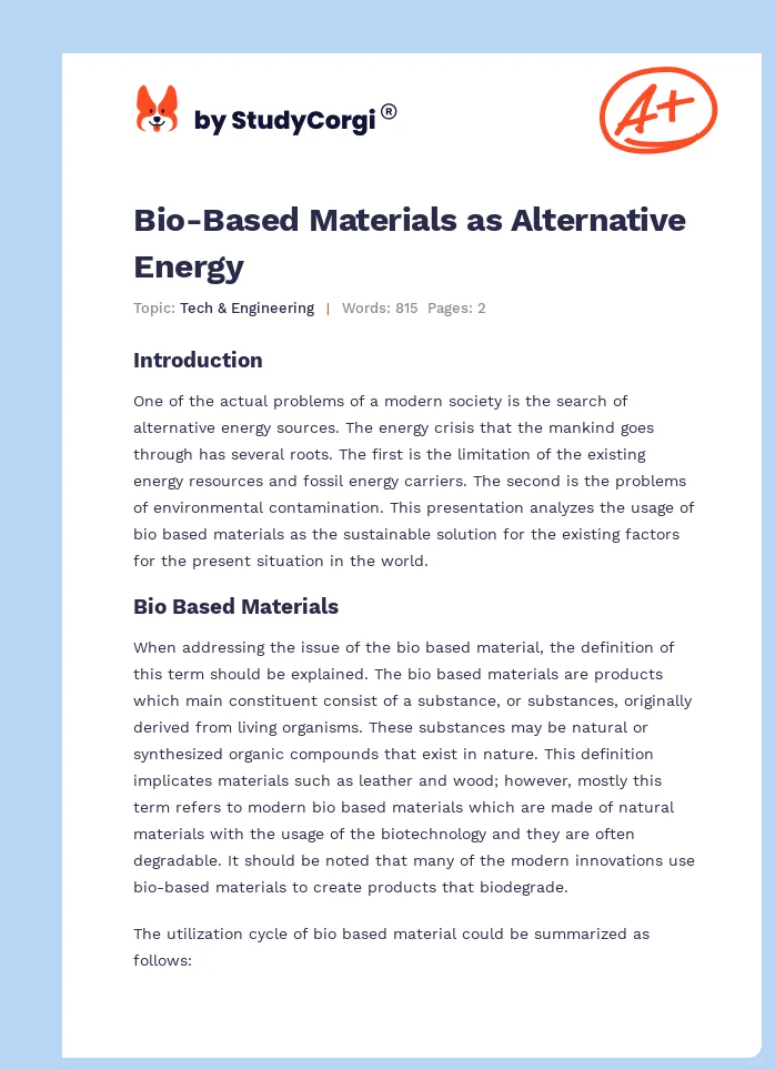 Bio-Based Materials as Alternative Energy. Page 1