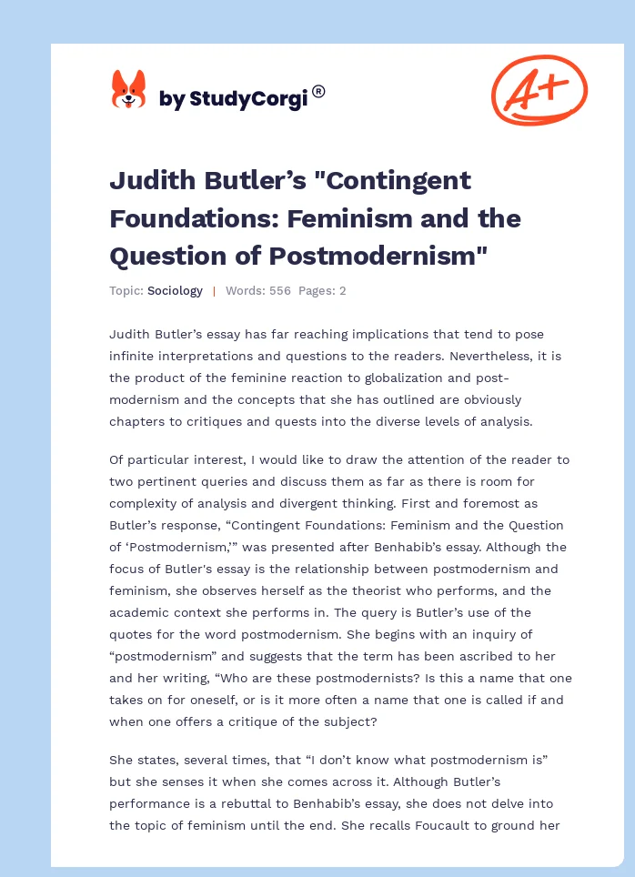 Judith Butler’s "Contingent Foundations: Feminism and the Question of Postmodernism". Page 1
