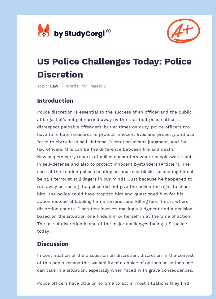 US Police Challenges Today: Police Discretion. Page 1