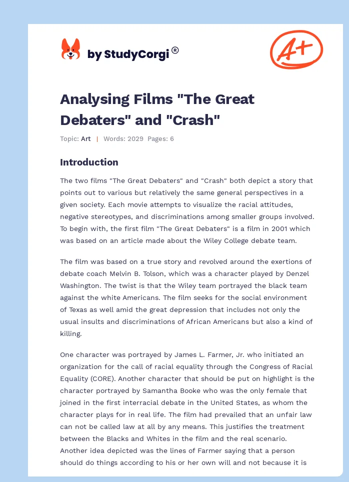 Analysing Films "The Great Debaters" and "Crash". Page 1