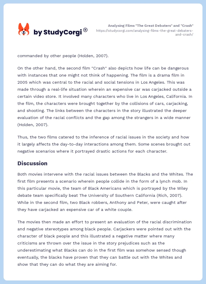 Analysing Films "The Great Debaters" and "Crash". Page 2