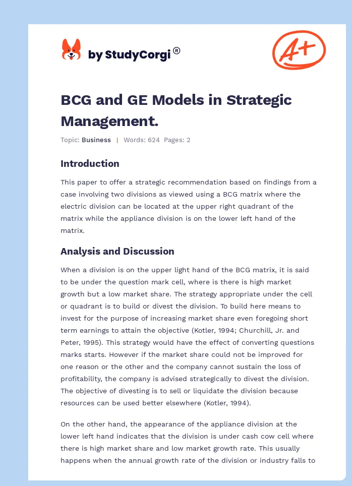 BCG and GE Models in Strategic Management.. Page 1