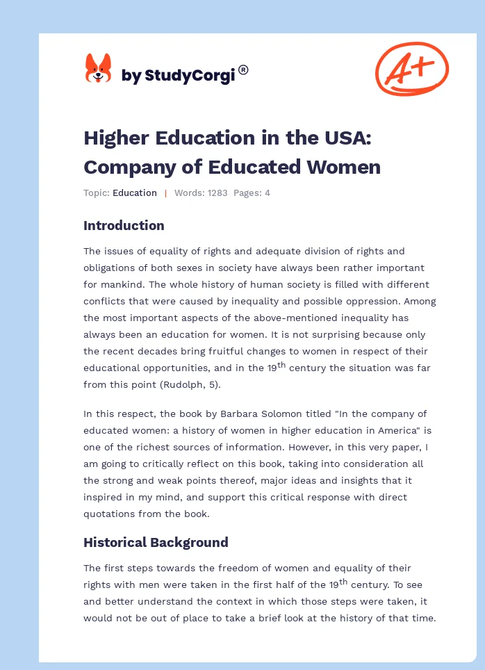 Higher Education in the USA: Company of Educated Women. Page 1