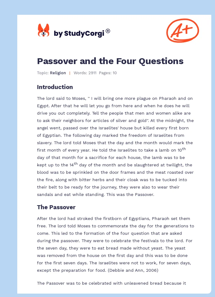 Passover and the Four Questions. Page 1