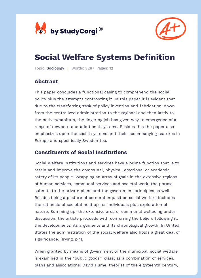 Social Welfare Systems Definition. Page 1