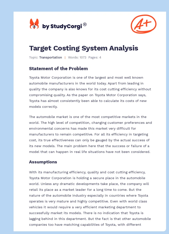 Target Costing System Analysis. Page 1