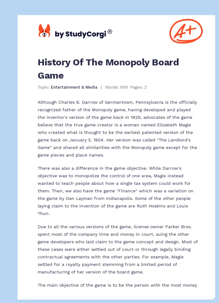 History Of The Monopoly Board Game. Page 1