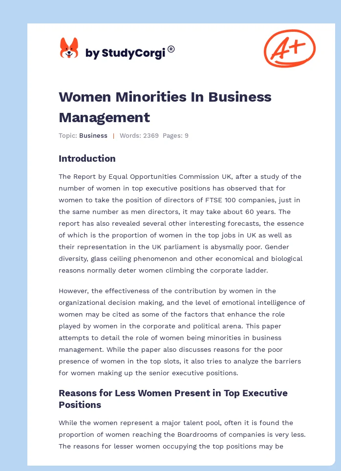 Women Minorities In Business Management. Page 1