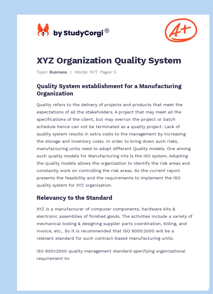 XYZ Organization Quality System. Page 1