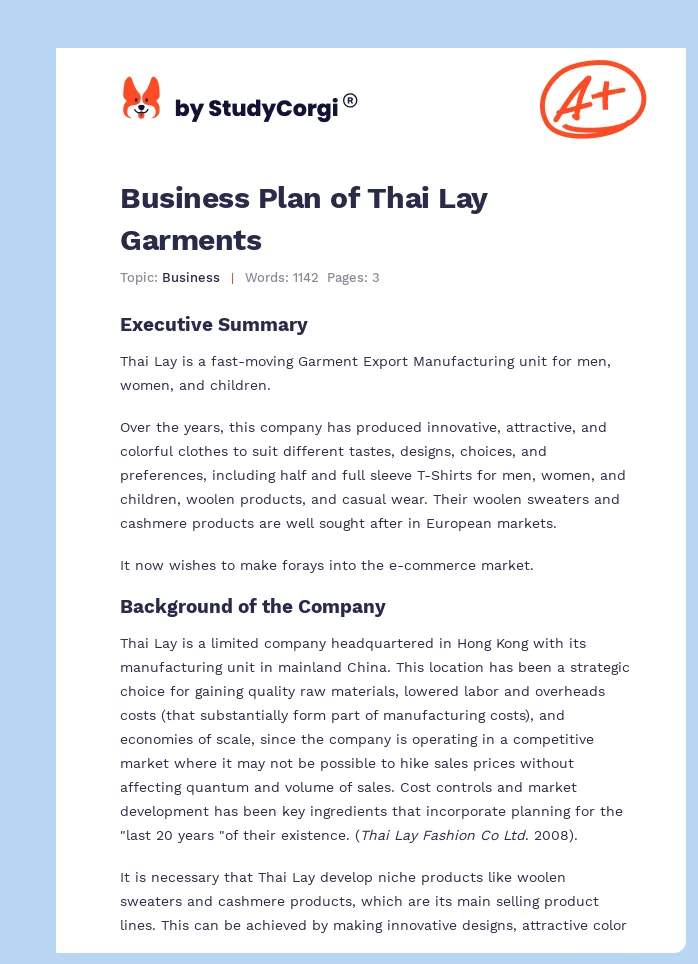 Business Plan of Thai Lay Garments. Page 1