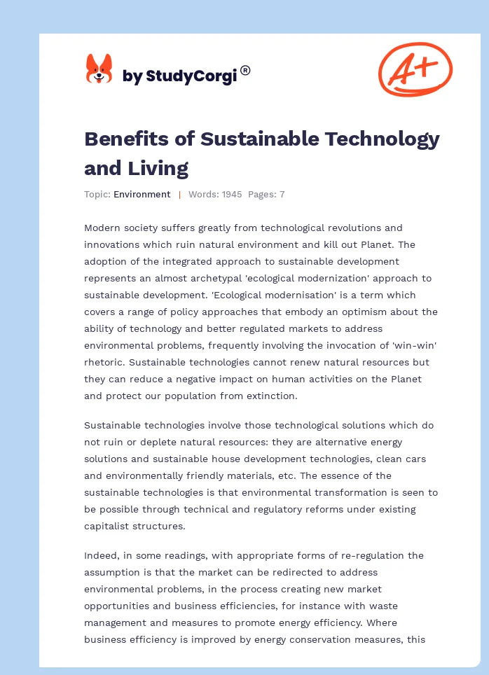 Benefits of Sustainable Technology and Living. Page 1