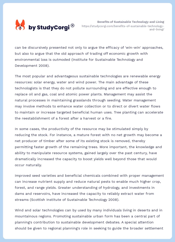 Benefits of Sustainable Technology and Living. Page 2
