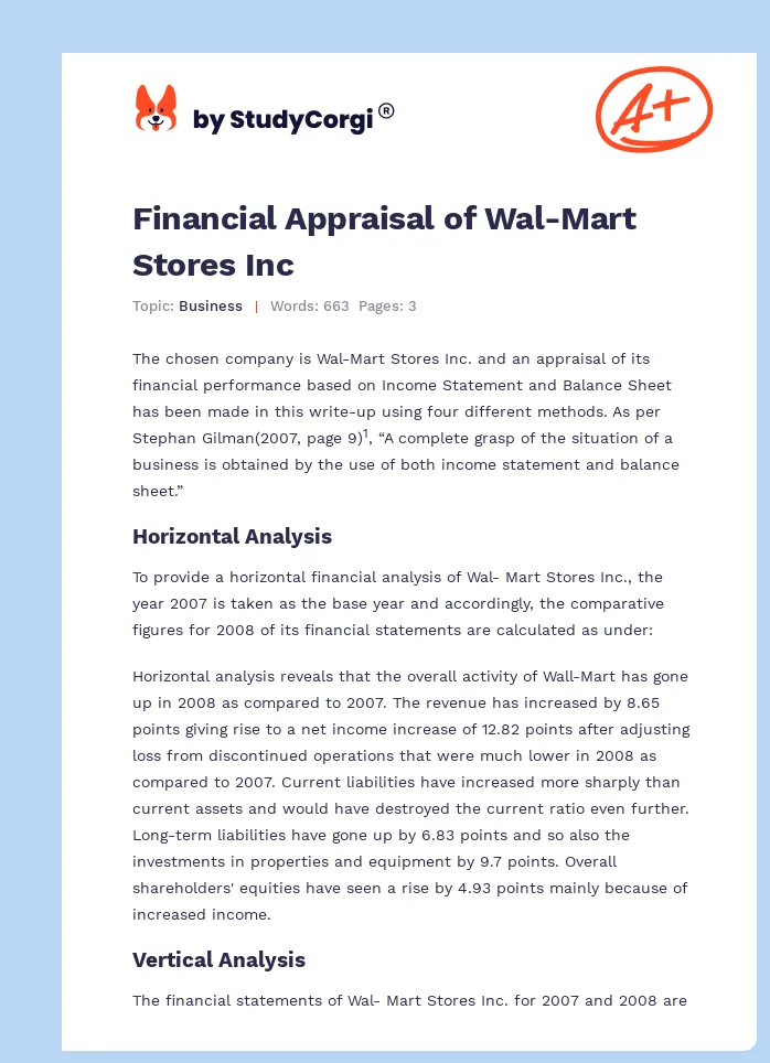 Financial Appraisal of Wal-Mart Stores Inc. Page 1