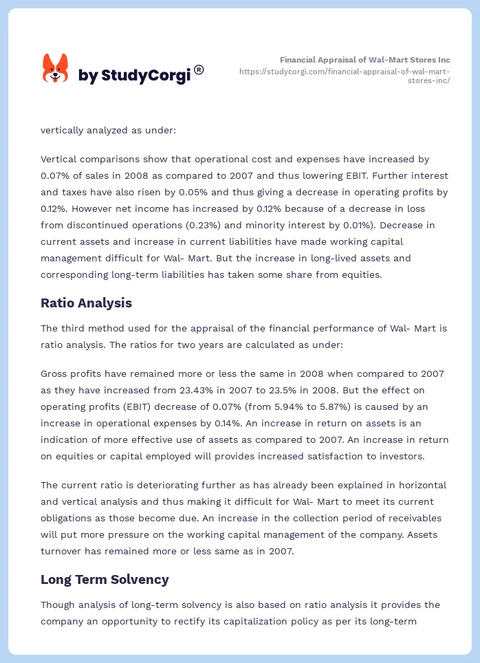 Financial Appraisal of Wal-Mart Stores Inc. Page 2