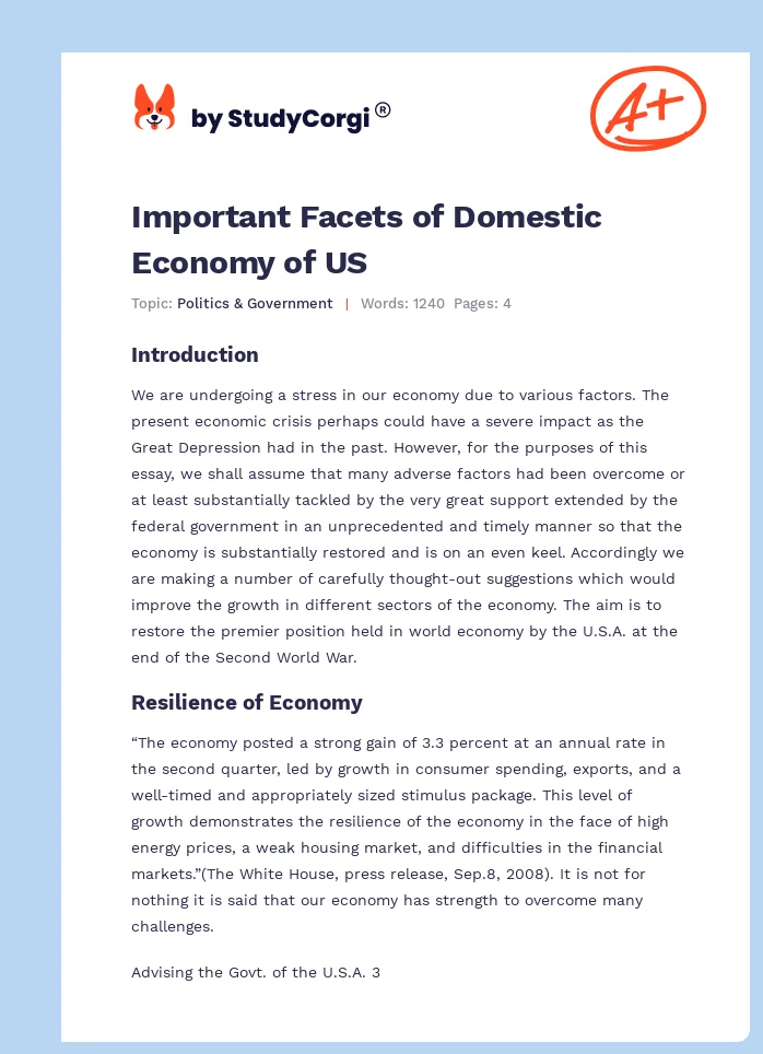 Important Facets of Domestic Economy of US. Page 1