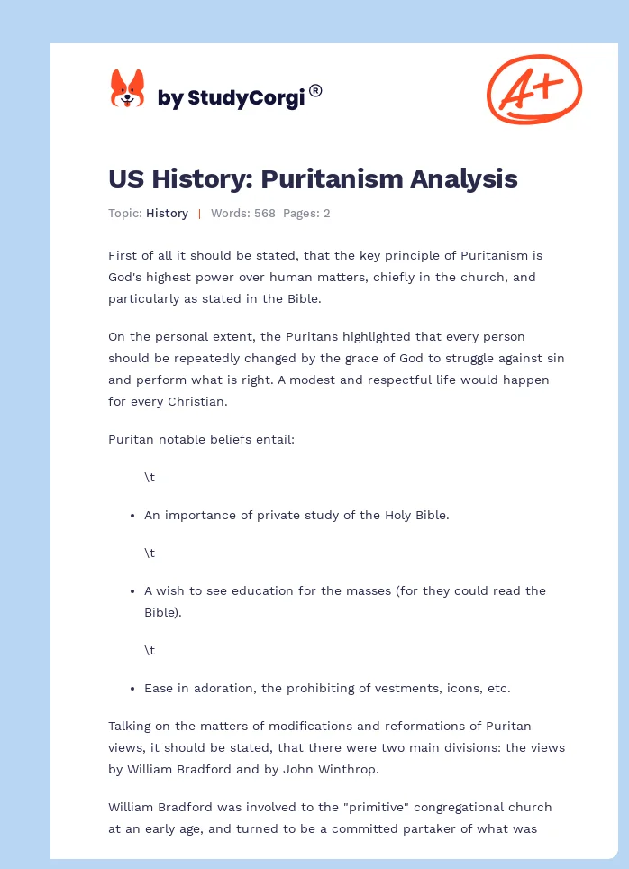 US History: Puritanism Analysis. Page 1