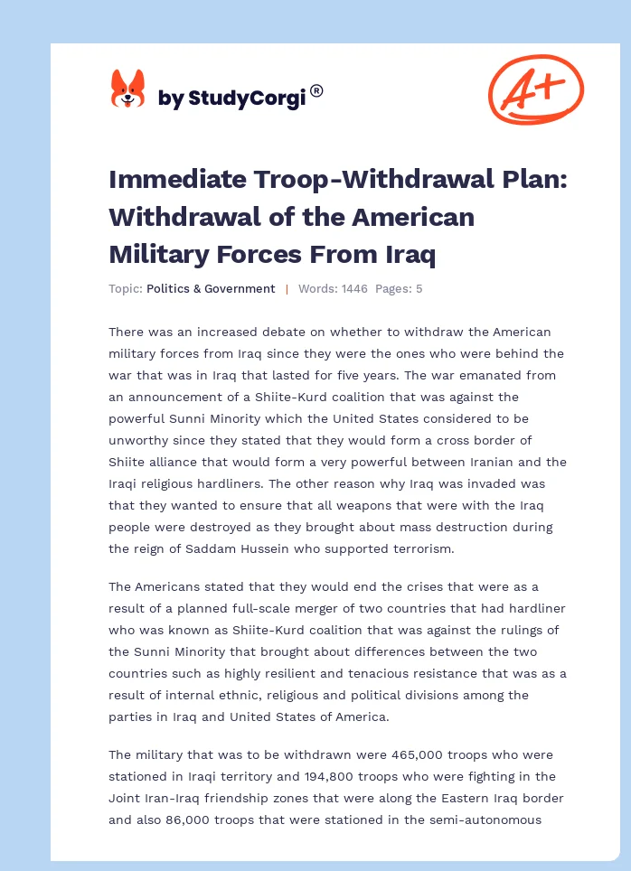 Immediate Troop-Withdrawal Plan: Withdrawal of the American Military Forces From Iraq. Page 1