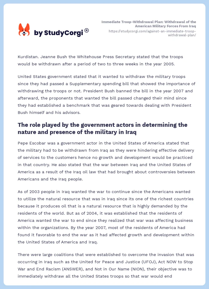 Immediate Troop-Withdrawal Plan: Withdrawal of the American Military Forces From Iraq. Page 2
