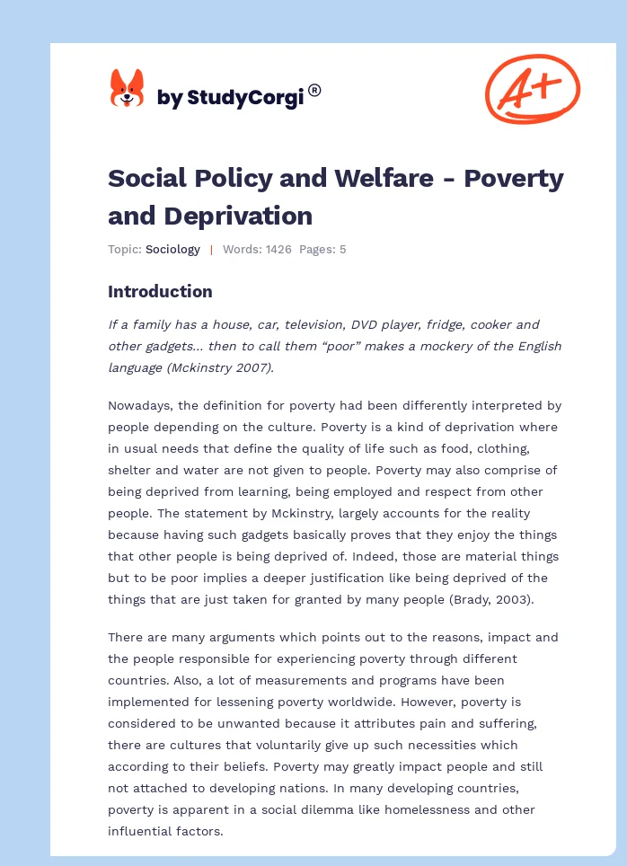 Social Policy and Welfare - Poverty and Deprivation. Page 1