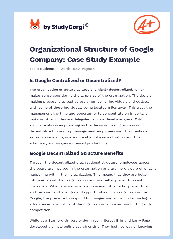 Organizational Structure of Google Company: Case Study Example. Page 1